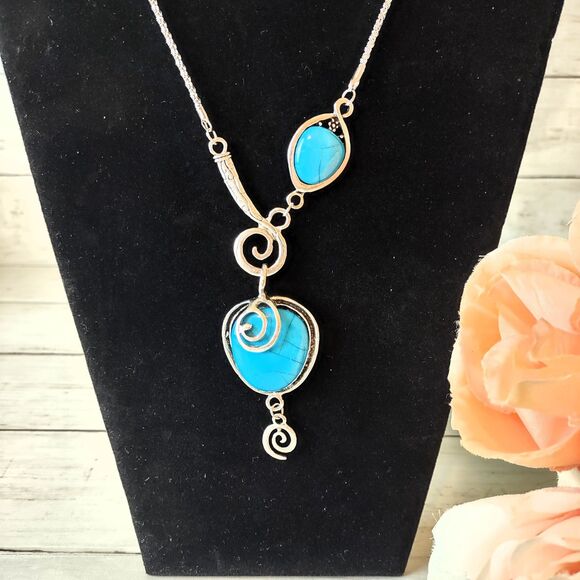 New Statement Faux Turquoise Stones Silver Tone Necklace 28" Bold - Picture 2 of 7